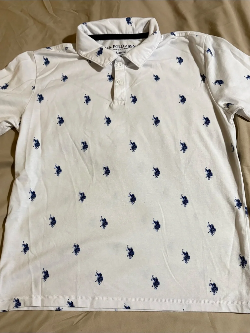 U.S. Polo Assn. Boys White All Over Pony Print Polo Shirt Size L 10-12